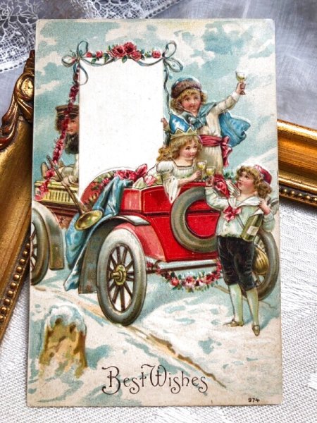 画像2: Postcard   アンティークポストカード 新年祝い New Year 新年の祝杯を挙げる天使 自動車 (未使用) (2)
