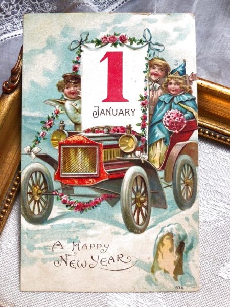 画像2: Postcard   アンティークポストカード 新年祝い New Year 新年の祝杯を挙げる天使 自動車  (2)
