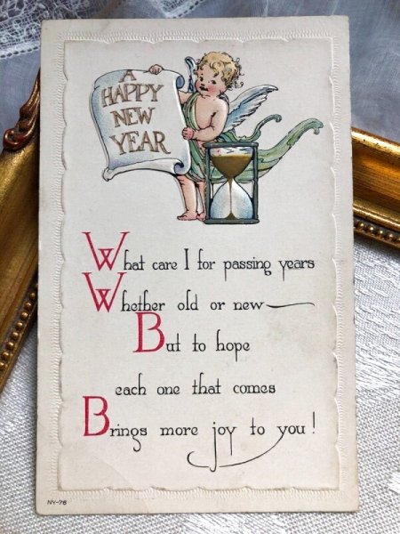 画像2: Postcard   アンティークポストカード 新年祝い New Year 新年を告げる天使  (未使用) (2)