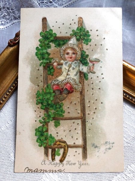 画像2: Postcard  　アンティークポストカード　新年祝い　New Year　新年の祝杯を挙げる天使（子ども） (2)
