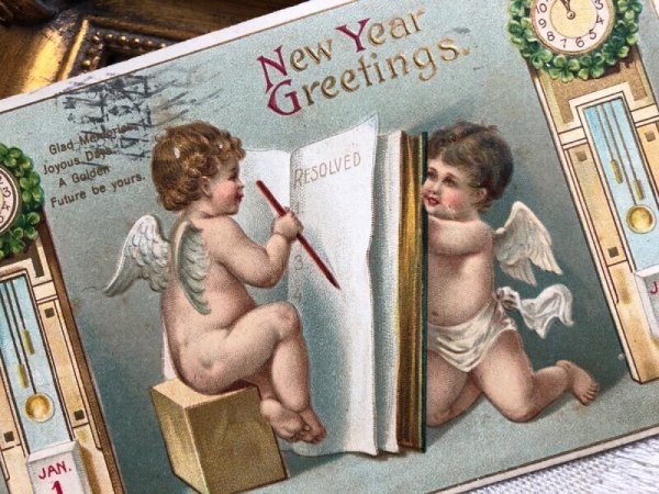 画像3: Postcard   アンティークポストカード 新年祝い New Year 2人の天使と時計 (3)