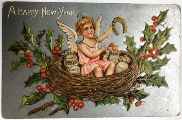 画像1: Postcard  　アンティークポストカード　新年祝い　New Year　鳥の巣の中の天使　ホーリー　1908年 (1)
