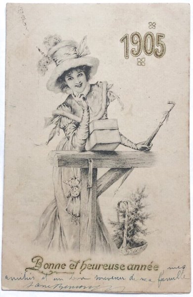 画像1: Postcard　アンティークポストカード　新年祝い　New Year　女性　フランス1904年 (1)