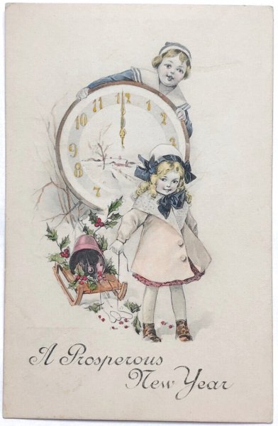 画像1: Postcard　アンティークポストカード　新年祝い　New Year　時計とソリを引く子どもたち　アメリカ1913年 (1)