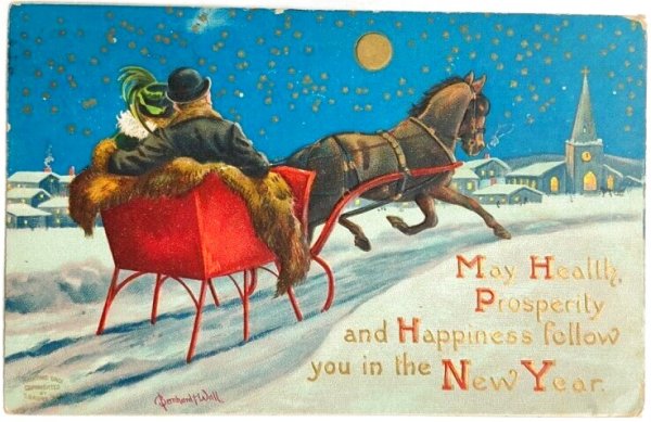 画像1: Postcard　アンティークポストカード　新年祝い　New Year　馬車ソリ　Bernhardt Wall (1)