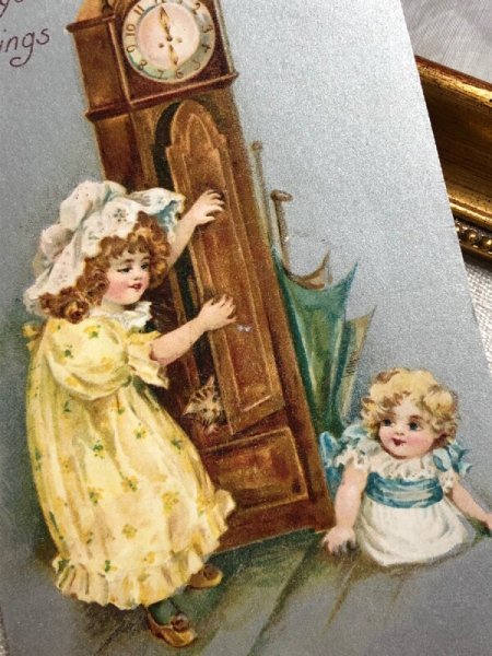 画像3: Postcard アンティークポストカード 新年祝い New Year 大きな時計と女の子 子猫 アメリカ1909年 (3)