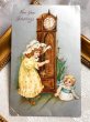 画像2: Postcard　アンティークポストカード　新年祝い　New Year　大きな時計と女の子　子猫　アメリカ1909年 (2)