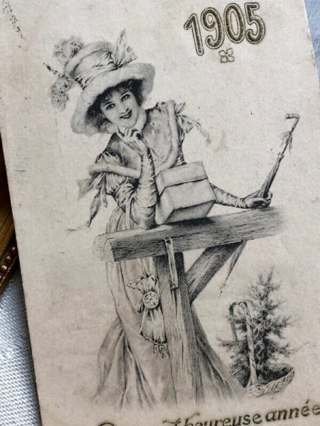画像3: Postcard　アンティークポストカード　新年祝い　New Year　女性　フランス1904年 (3)
