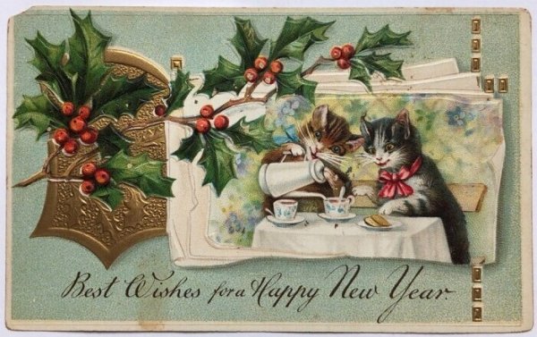 画像1: Postcard  　アンティークポストカード　 新年祝い　New Year　猫たちのティータイム　お茶会 (1)