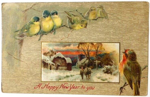 画像1: Postcard  　アンティークポストカード　 新年祝い　New Year　小鳥と雪景色　アメリカ1908年 (1)