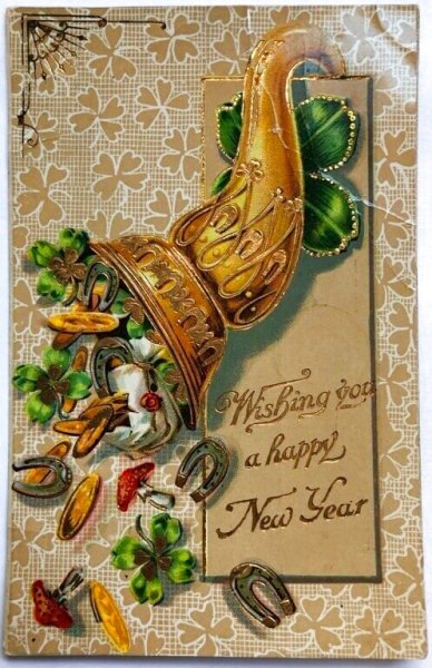 画像1: Postcard　アンティークポストカード　新年祝い　New Year　ラッパから飛び出す金貨　馬蹄　キノコ　四つ葉クローバー　1913年 (1)