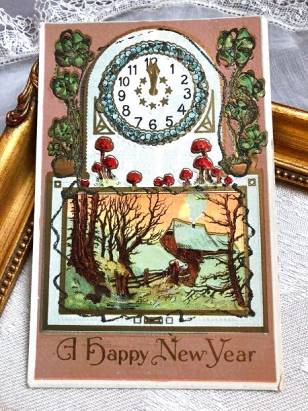 画像2: Postcard　アンティークポストカード　新年祝い　New Year　時計　キノコ　四つ葉クローバー (2)