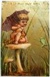 画像1: Trade card　アンティーク　トレードカード　キノコに座る妖精　傘　カエル　キノコ　フランス (1)