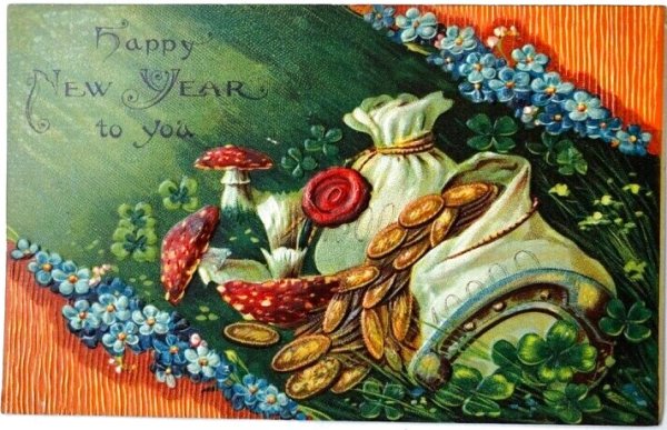 画像1: Postcard　アンティークポストカード　新年祝い　New Year 　キノコ　金貨　四つ葉クローバー　馬蹄　（未使用） (1)