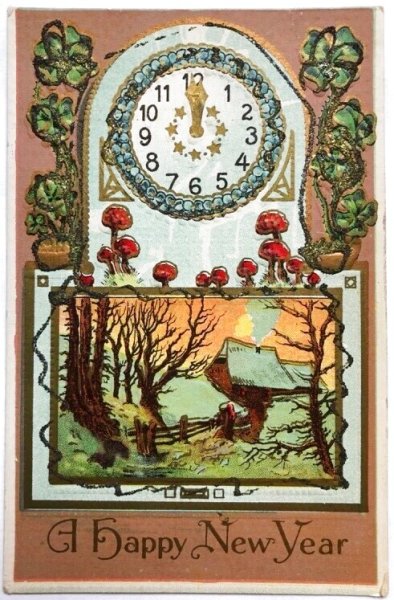 画像1: Postcard　アンティークポストカード　新年祝い　New Year　時計　キノコ　四つ葉クローバー (1)