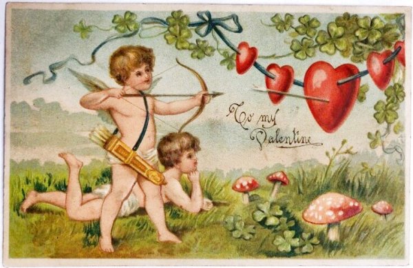 画像1: Postcard　アンティークポストカード　バレンタイン　ハートを射止めるキューピッド天使　キノコ (1)