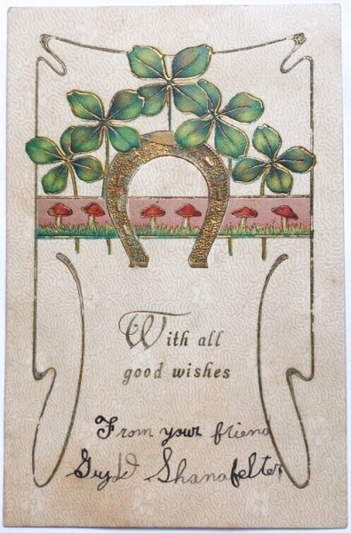 画像1: Postcard　アンティークポストカード　新年祝い　New Year　馬蹄　キノコ　四つ葉クローバー (1)