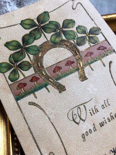 画像3: Postcard アンティークポストカード 新年祝い New Year 馬蹄 キノコ 四つ葉クローバー (3)