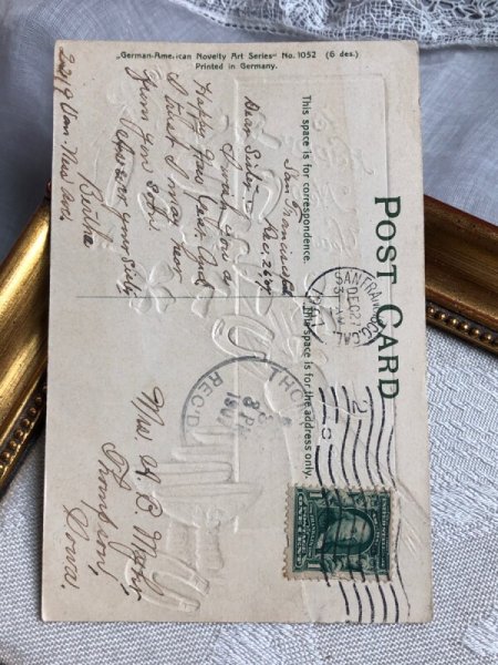 画像4: Postcard アンティークポストカード 新年祝い New Year シャンパンボトルから飛び出すキノコ 馬蹄 四つ葉クローバー (4)