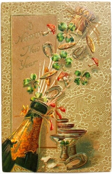 画像1: Postcard　アンティークポストカード　新年祝い　New Year　シャンパンボトルから飛び出すキノコ　馬蹄　四つ葉クローバー (1)
