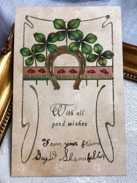 画像2: Postcard アンティークポストカード 新年祝い New Year 馬蹄 キノコ 四つ葉クローバー (2)