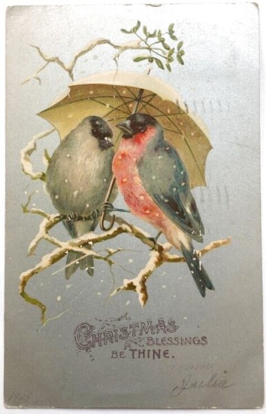 画像1: Postcard  　アンティークポストカード　 クリスマス　相合傘の小鳥たち　アメリカ1905年 (1)