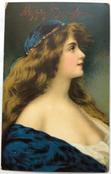 画像1: Postcard  　アンティークポストカード　 新年祝い　New Year　青いドレスの女性  1911年  Angelo Asti (1)
