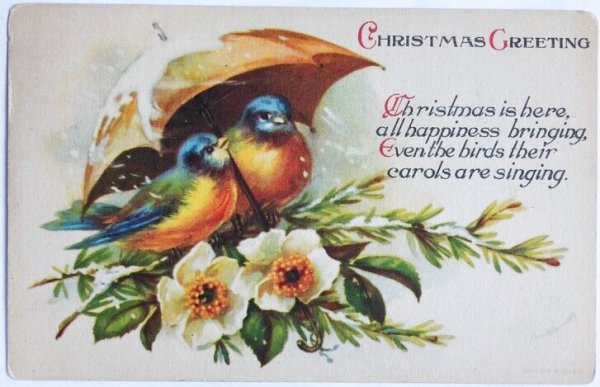 画像1: Postcard  　アンティークポストカード　 クリスマス　相合傘の小鳥たち　Ellen Clapsaddle (1)