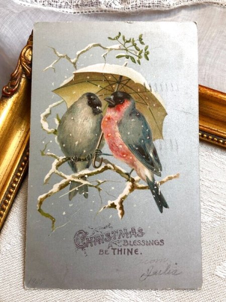 画像2: Postcard  　アンティークポストカード　 クリスマス　相合傘の小鳥たち　アメリカ1905年 (2)