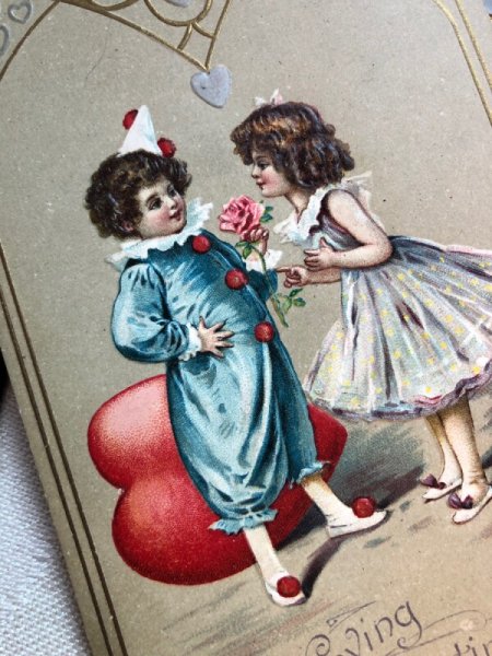画像3: Postcard アンティークポストカード バレンタイン Valentine's Day バレリーナの女の子と小さな道化師さん (未使用) (3)