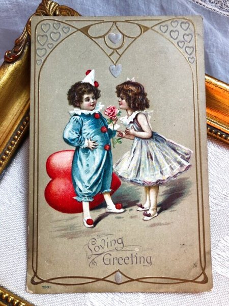 画像2: Postcard アンティークポストカード バレンタイン Valentine's Day バレリーナの女の子と小さな道化師さん (未使用) (2)