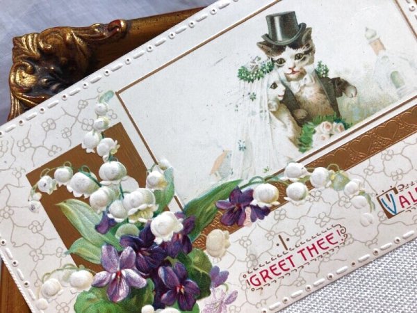 画像3: Postcard  　アンティークポストカード　 バレンタイン　Valentine's Day 猫の結婚式　スズランとスミレのお花 (3)