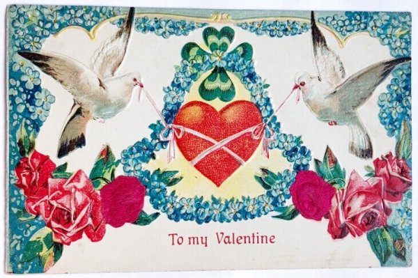 画像1: Postcard　アンティークポストカード　バレンタイン　Valentine's Day　ハートを運ぶ白鳩　薔薇　忘れな草　シルク貼り (1)