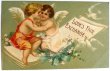 画像1: Postcard  　アンティークポストカード　バレンタイン　2人の天使と鳩　Ellen Clapsaddle　（未使用） (1)