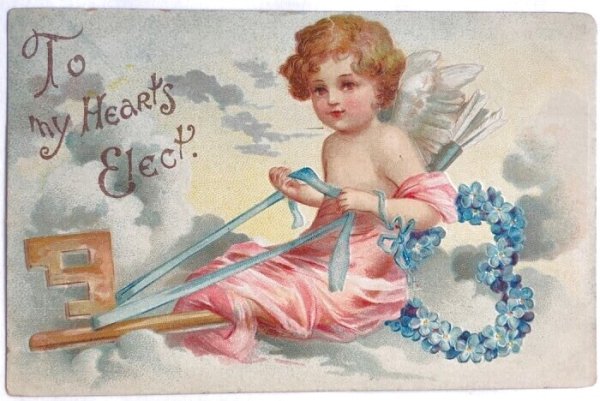 画像1: Postcard  　アンティークポストカード　バレンタイン　ハートの鍵に乗る天使　忘れな草のお花　Ellen Clapsaddle　1909年 (1)