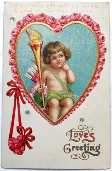 画像1: Postcard  　アンティークポストカード　バレンタイン　ハートのトーチとキューピッド天使　Ellen Clapsaddle　1912年 (1)