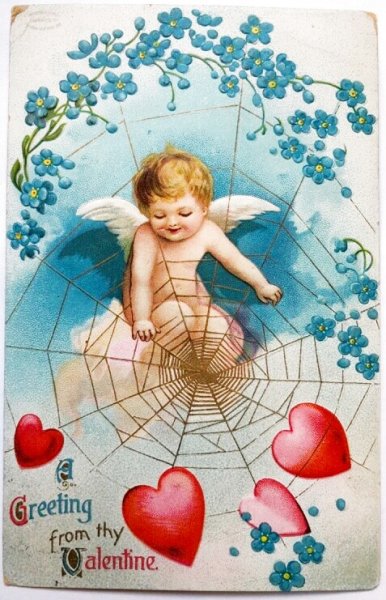 画像1: Postcard  　アンティークポストカード　バレンタイン　蜘蛛の巣でハートを捕らえる天使　Ellen Clapsaddle　 (1)