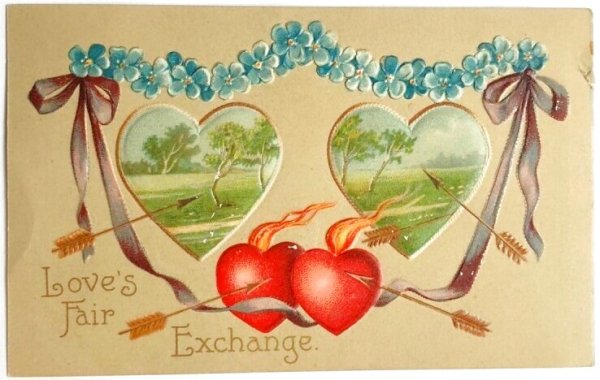 画像1: Postcard　アンティークポストカード　バレンタイン　Valentine's Day　燃えるハートと弓矢　Ellen Clapsaddle　 (1)