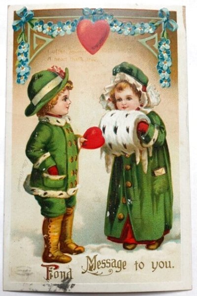 画像1: Postcard　アンティークポストカード　バレンタイン　Valentine's Day　女の子にハートを渡す男の子　Ellen Clapsaddle　1911年 (1)
