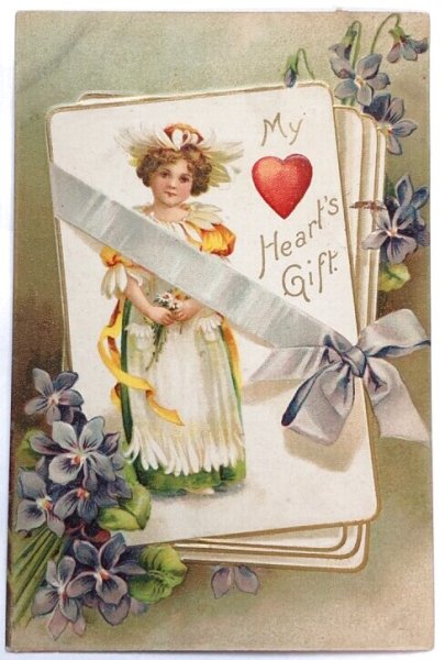 画像1: Postcard　アンティークポストカード　バレンタイン　Valentine's Day　スミレのお花とデイジーの女の子　Ellen Clapsaddle　 (1)
