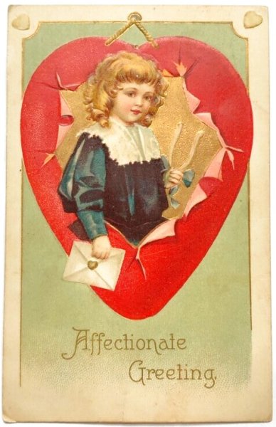 画像1: Postcard　アンティークポストカード　バレンタイン　Valentine's Day　ウィッシュボーンを持つ子ども　Ellen Clapsaddle　 (1)