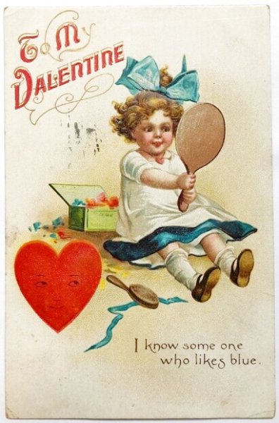 画像1: Postcard　アンティークポストカード　バレンタイン　Valentine's Day　青いリボンの女の子　ハート　Ellen Clapsaddle (1)