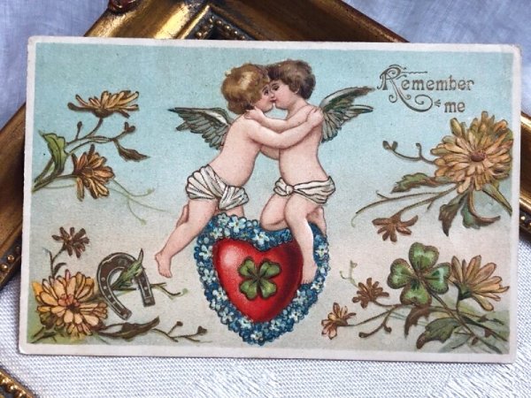 画像2: Postcard   アンティークポストカード バレンタイン キスをする天使  (2)