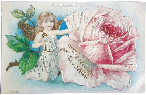 画像1: Postcard  　アンティークポストカード　バレンタイン　薔薇のお花と天使（妖精？）の女の子　アメリカ1908年 (1)