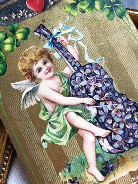 画像3: Postcard   アンティークポストカード バレンタイン 天使とお花の楽器 スミレのチェロ アメリカ1910年 (3)