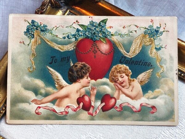 画像2: Postcard   アンティークポストカード バレンタイン 2人の天使 ハート 忘れな草のお花 (2)