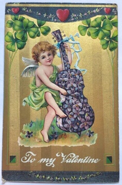 画像1: Postcard  　アンティークポストカード　バレンタイン　天使とお花の楽器　スミレのチェロ　アメリカ1911年 (1)