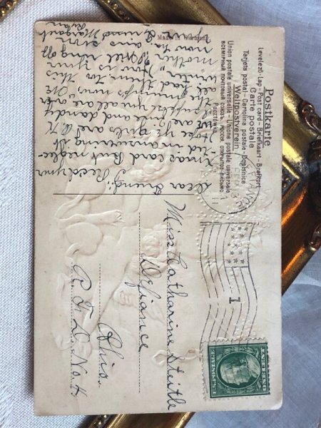 画像4: Postcard   アンティークポストカード バレンタイン 2人の天使 ハート 忘れな草のお花 (4)