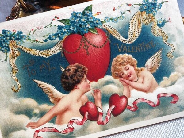 画像3: Postcard  　アンティークポストカード　バレンタイン　2人の天使　ハート　忘れな草のお花 (3)