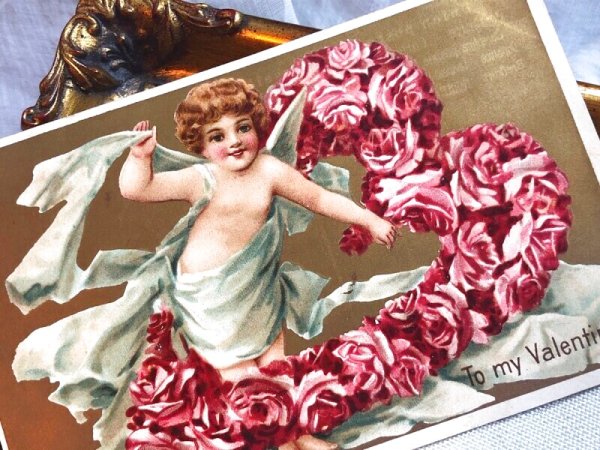 画像3: Postcard   アンティークポストカード バレンタイン ハートの薔薇のお花と天使 (3)